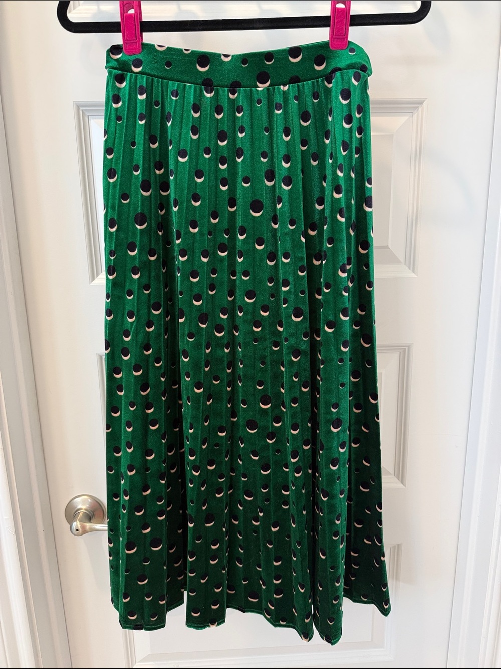 Maeve Green Pleated Maxi Skirt with Black and Cream Polka Dots